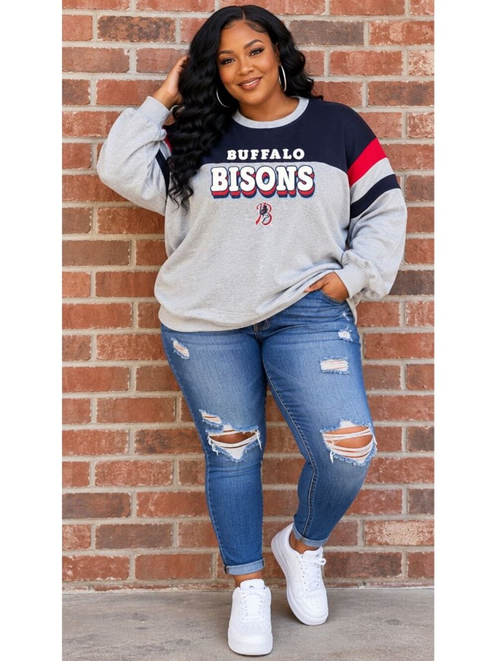 Buffalo Bisons New Era Crewneck Sweatshirt XL Gray & Navy Colorblock MiLB Logo